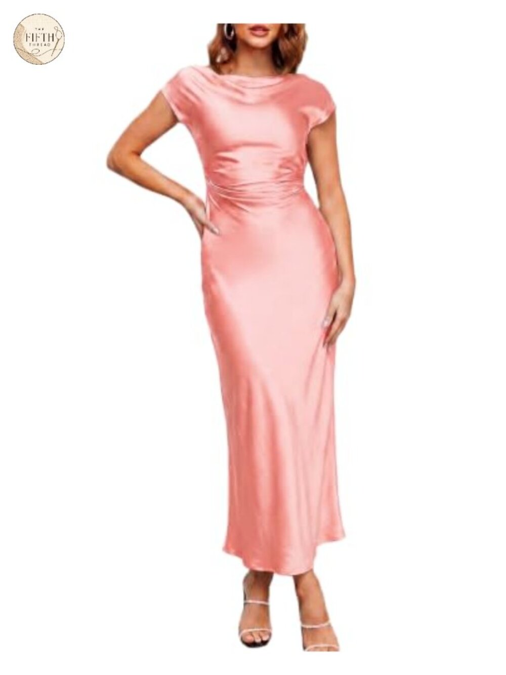 Women's Satin Backless Midi Dress Cap Sleeve Cowl Neck Formal